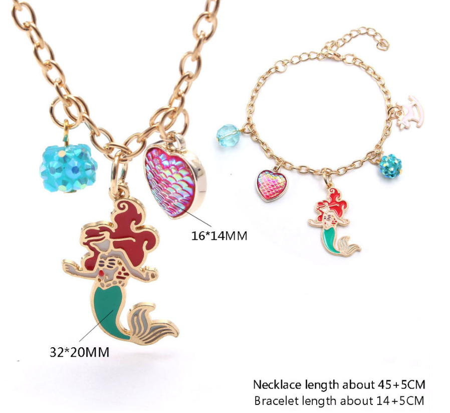 Baby Girls Cute Mermaid Heart Ball Pendants Long Chain Necklace Bracelets Set Fashion Party Jewelry For Child Kids Gift